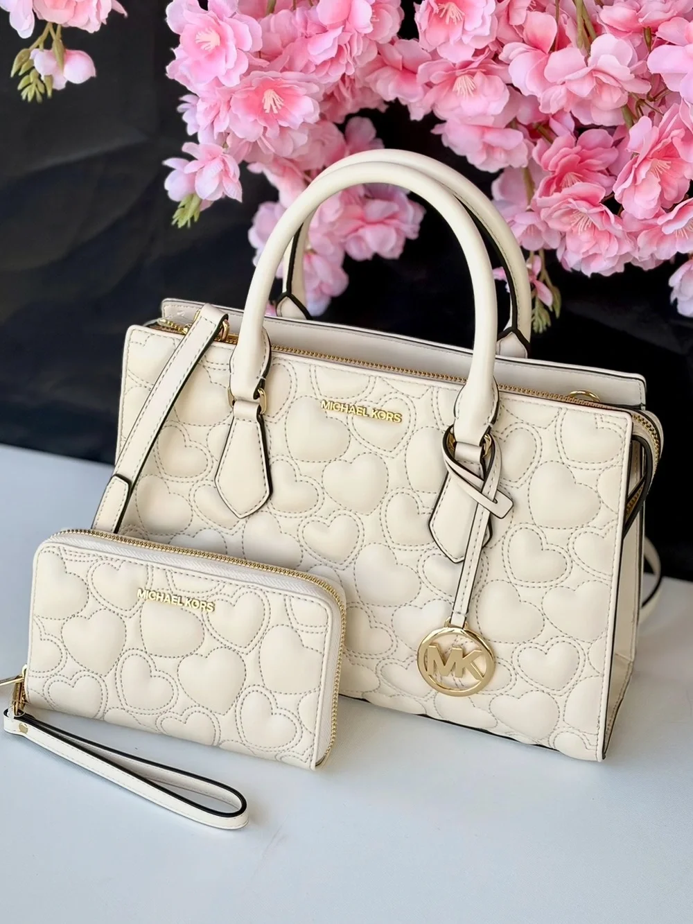Michael Kors Cream Quilted Heart Satchel and Wristlet Set